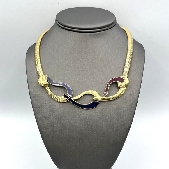 Vintage TRIFARI Necklace Blue Enamel Omega Chain Gold Tone 17" - Picture 6 of 10